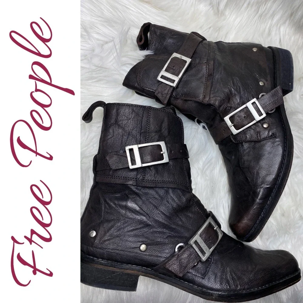 Free People Outsider Leather Double Buckle Moto Combat Boots Black Studded EU 39